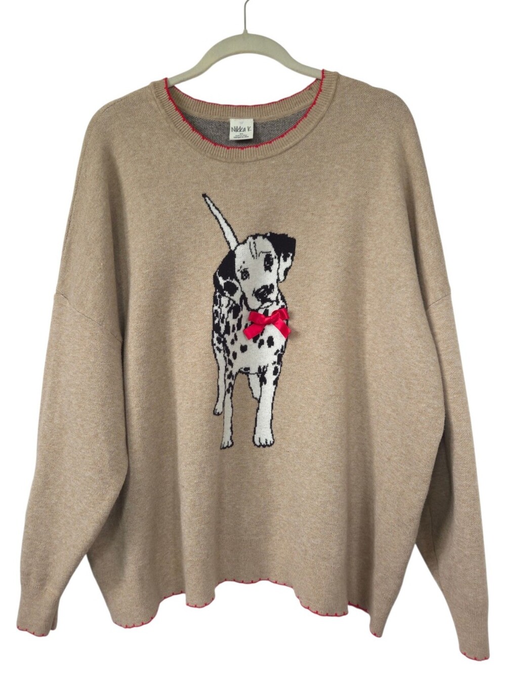 Nikka K 3X Dalmatian Dog Sweater Stretch Crew Neck Novelty Knit Oatmeal Twee
